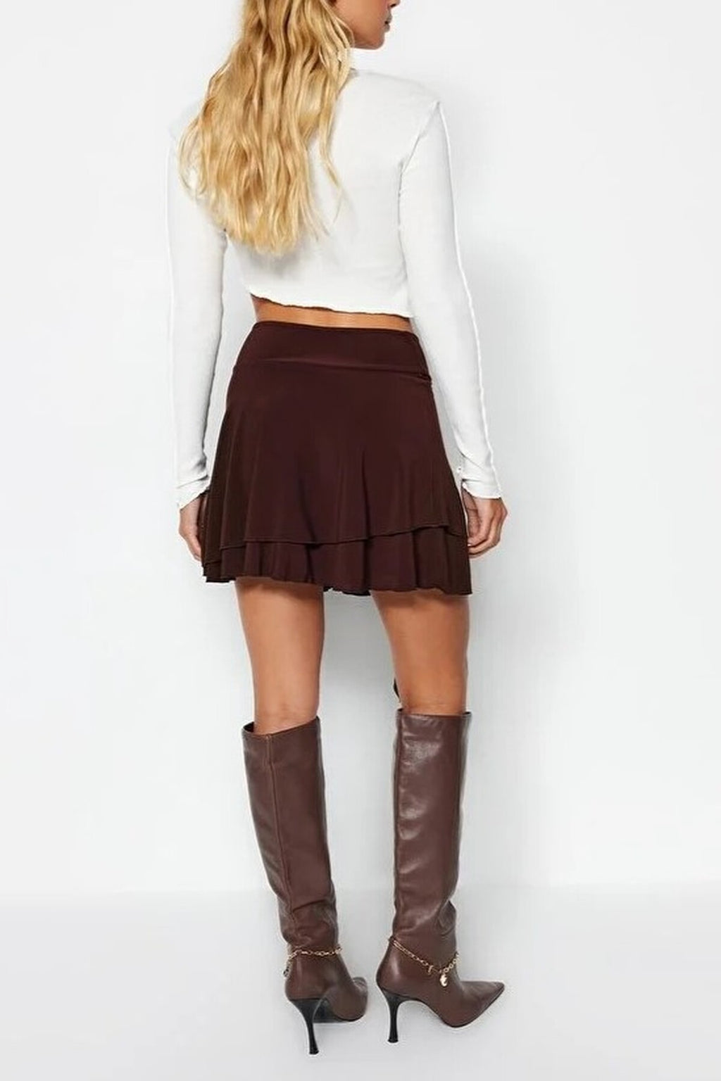 Flounced Mini Stretch Knit Skirt with Ruffle Detail
