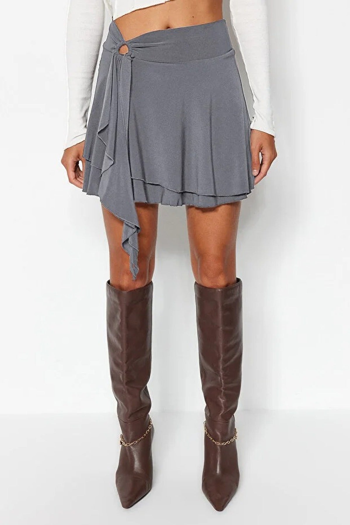 Flounced Mini Stretch Knit Skirt with Ruffle Detail