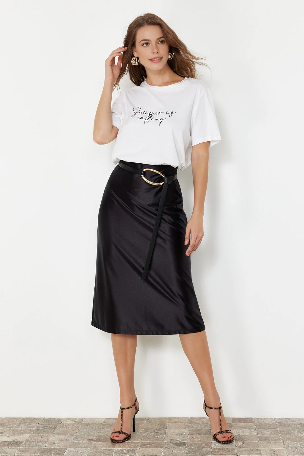 Satin A-Line Midi Knit Skirt
