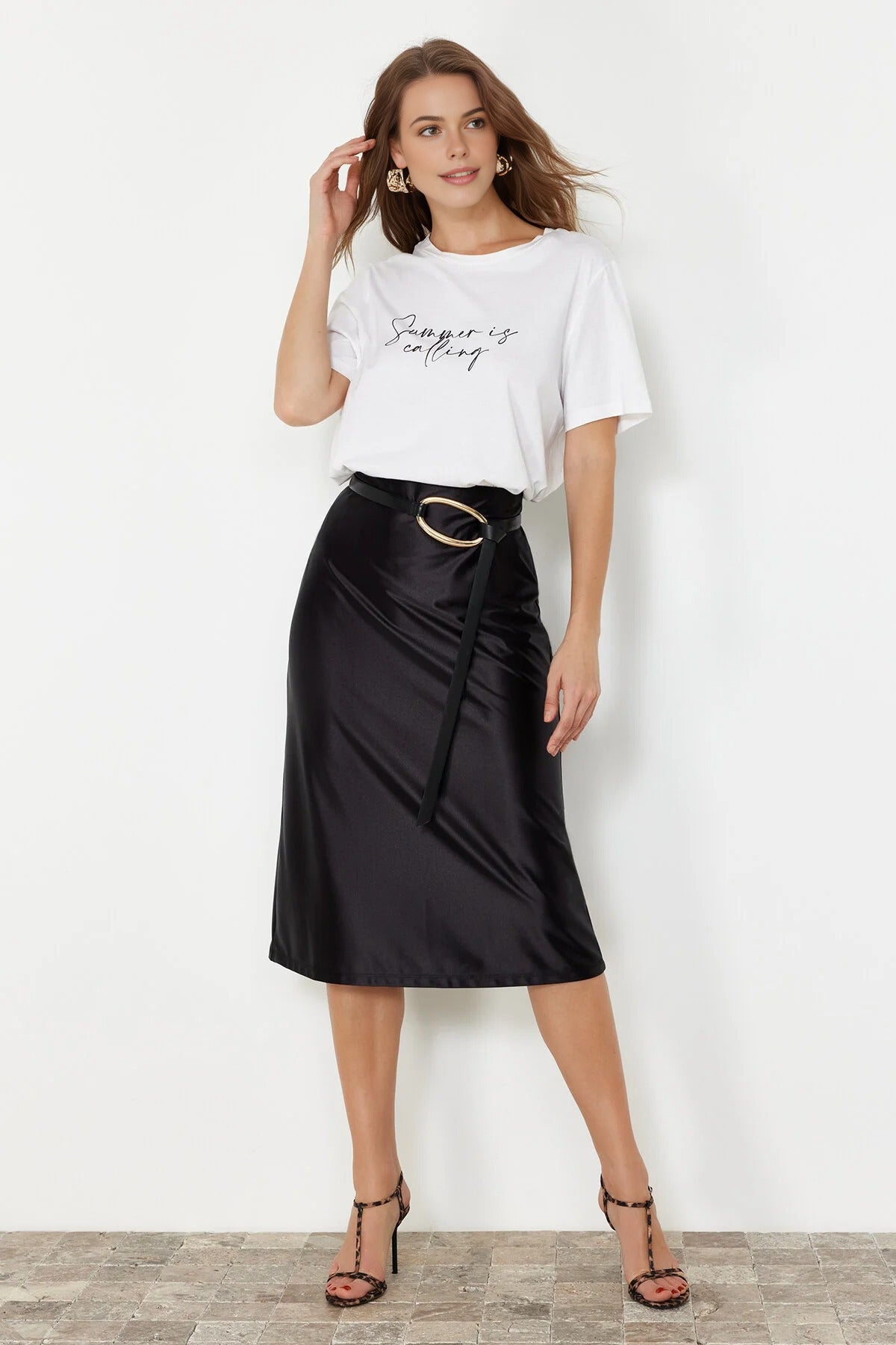 Satin A-Line Midi Knit Skirt