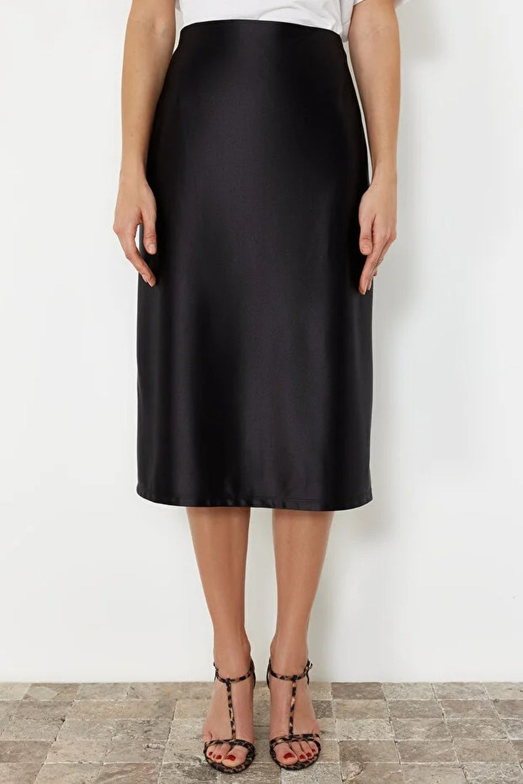 Satin A-Line Midi Knit Skirt