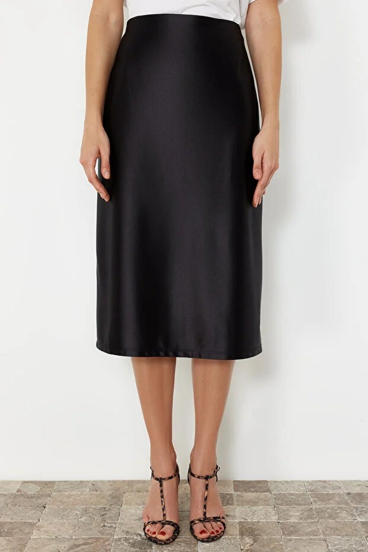 Satin A-Line Midi Knit Skirt