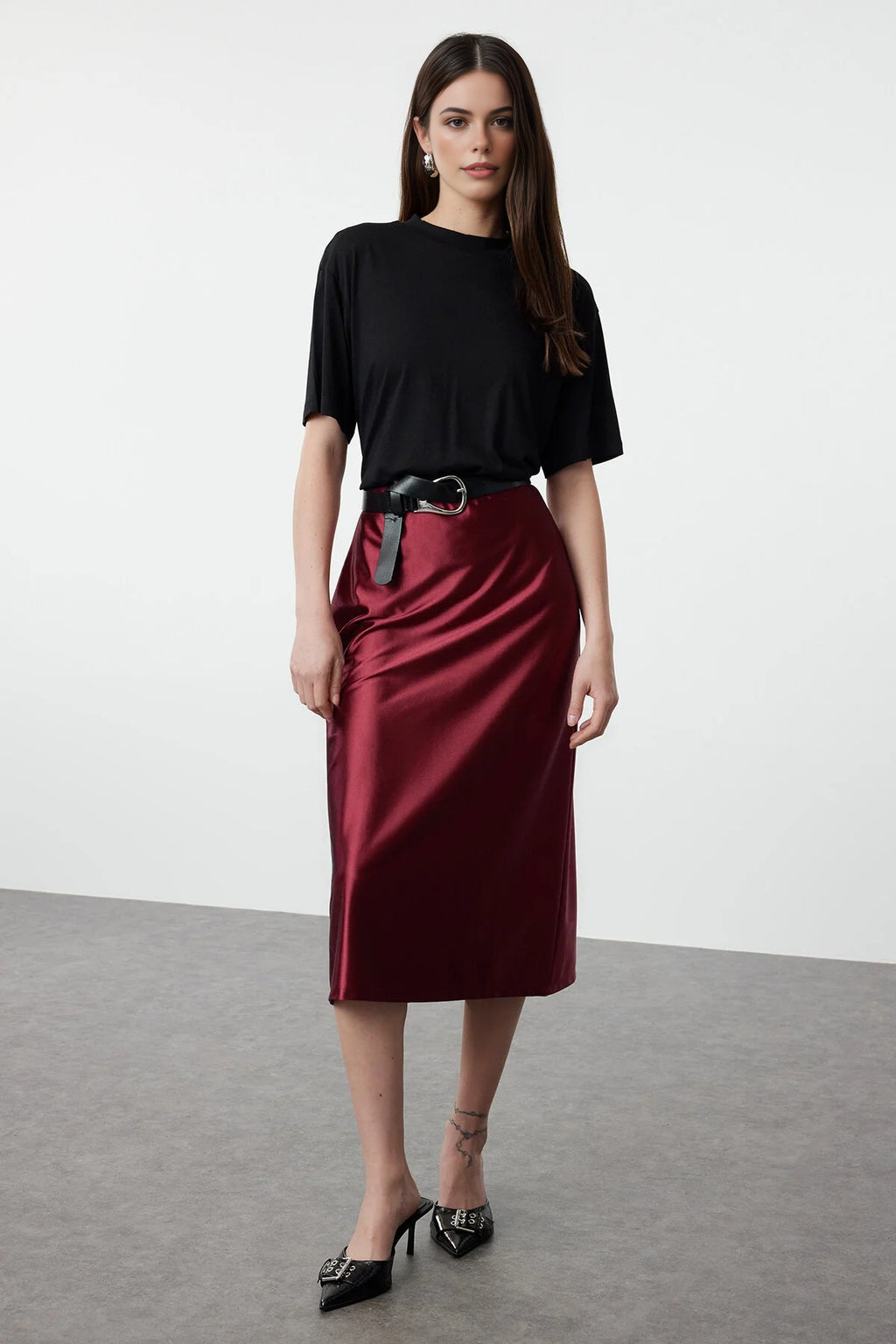 Satin A-Line Midi Knit Skirt