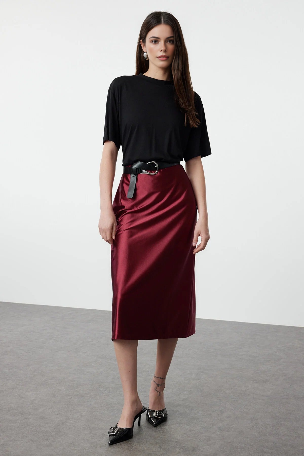 Satin A-Line Midi Knit Skirt