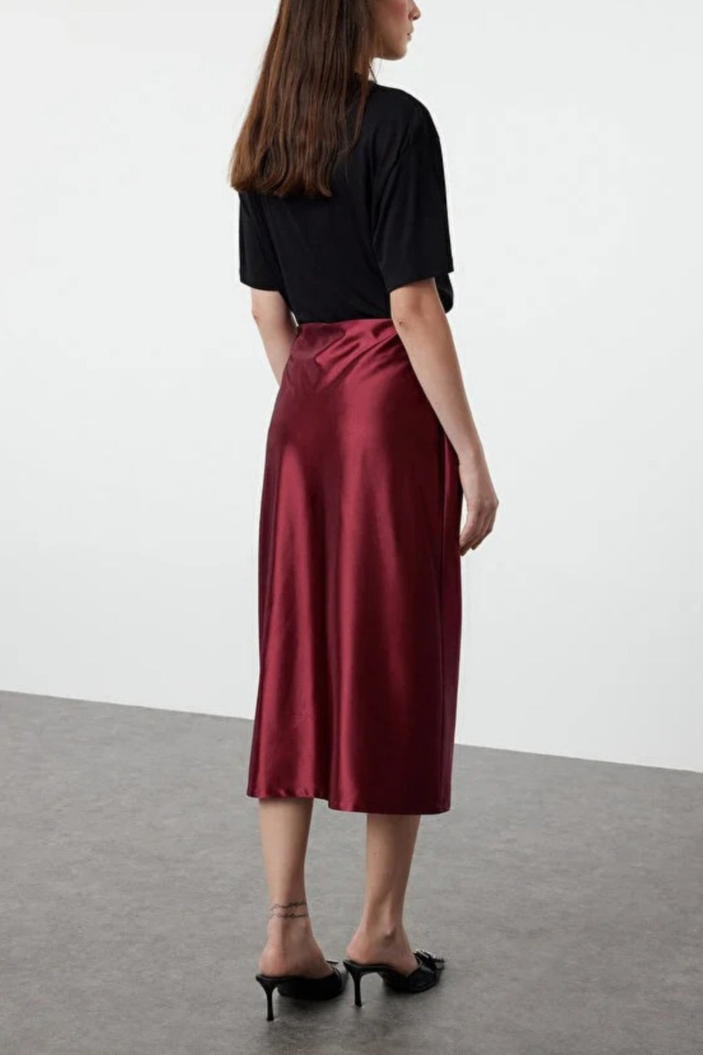 Satin A-Line Midi Knit Skirt