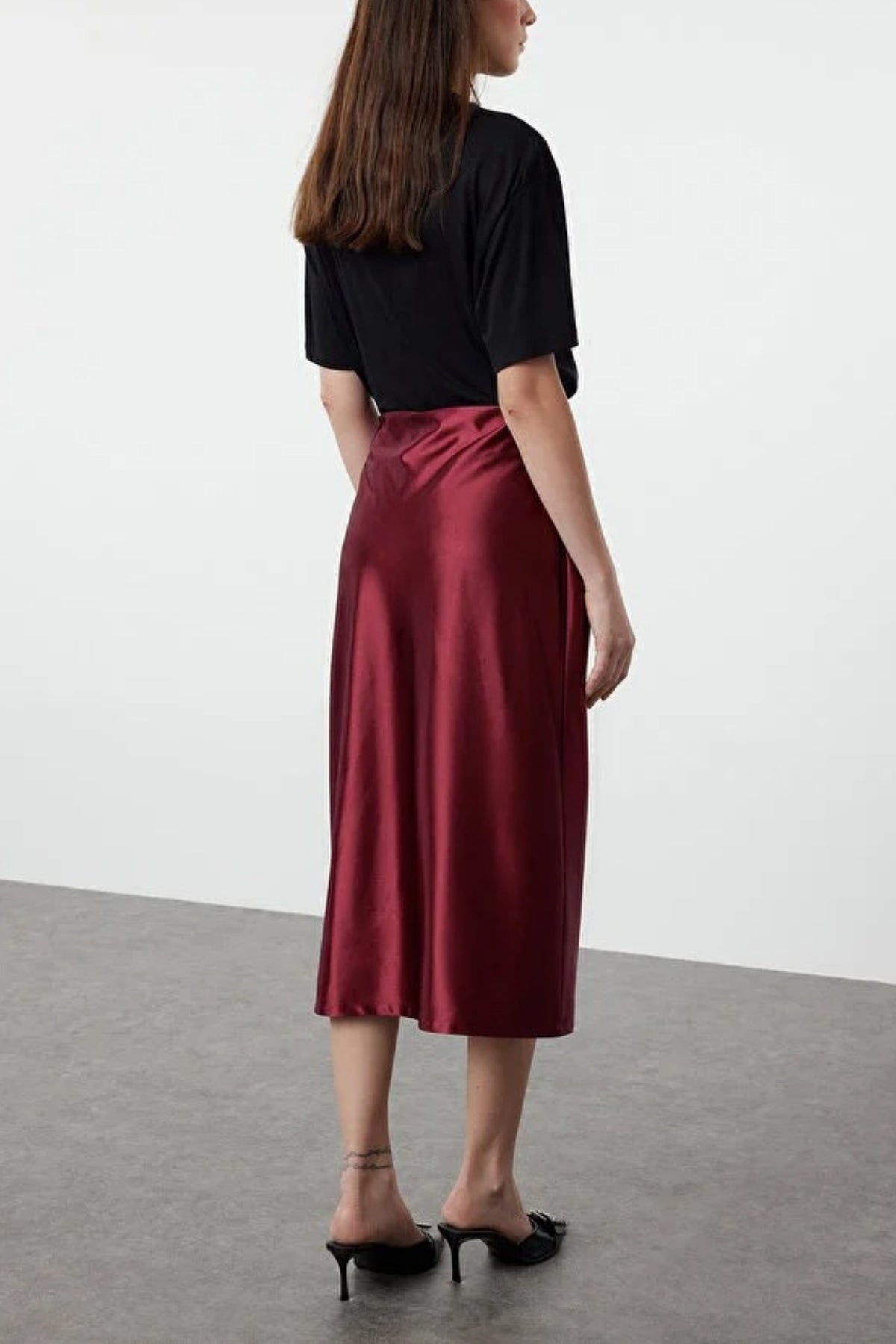 Satin A-Line Midi Knit Skirt