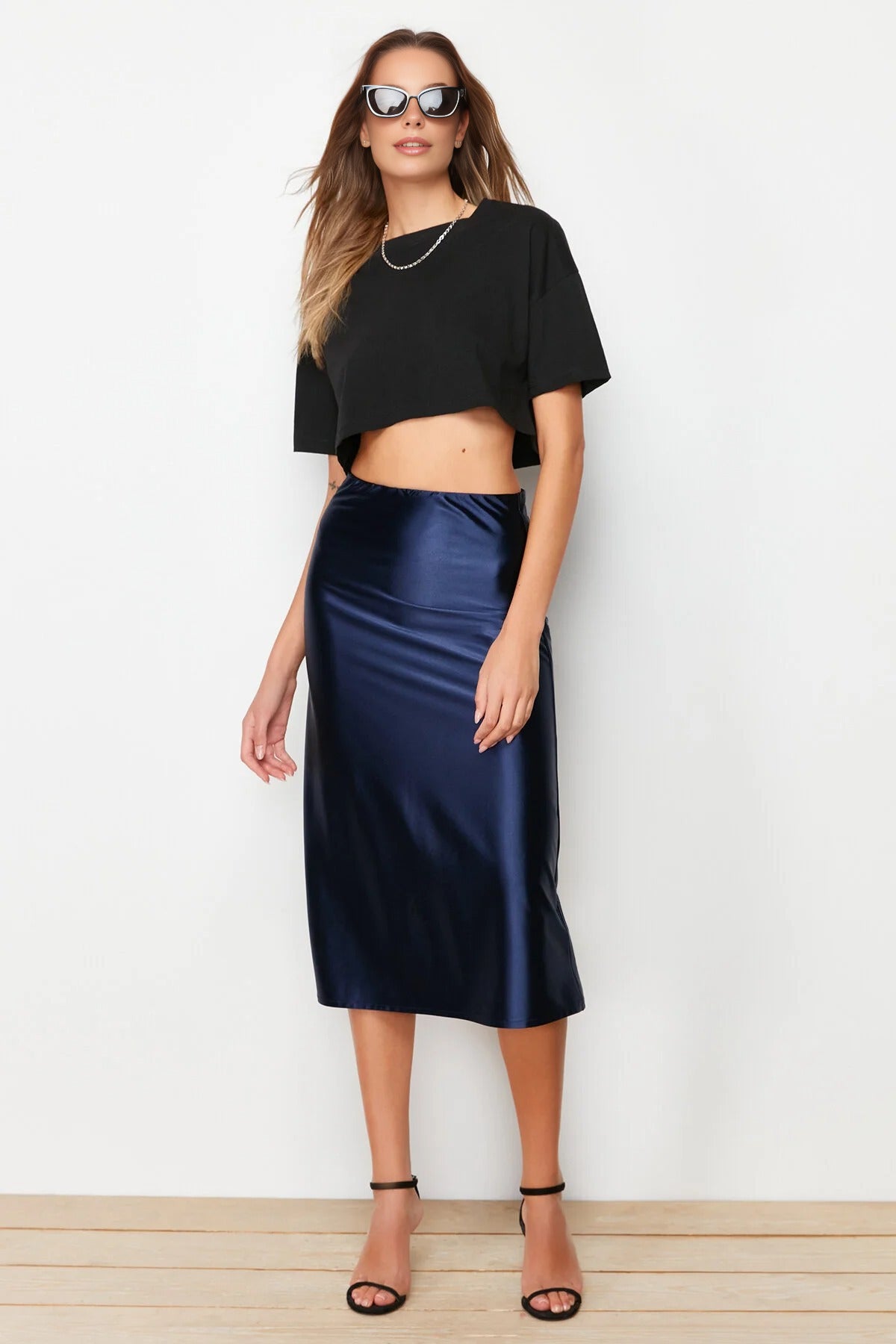 Satin A-Line Midi Knit Skirt