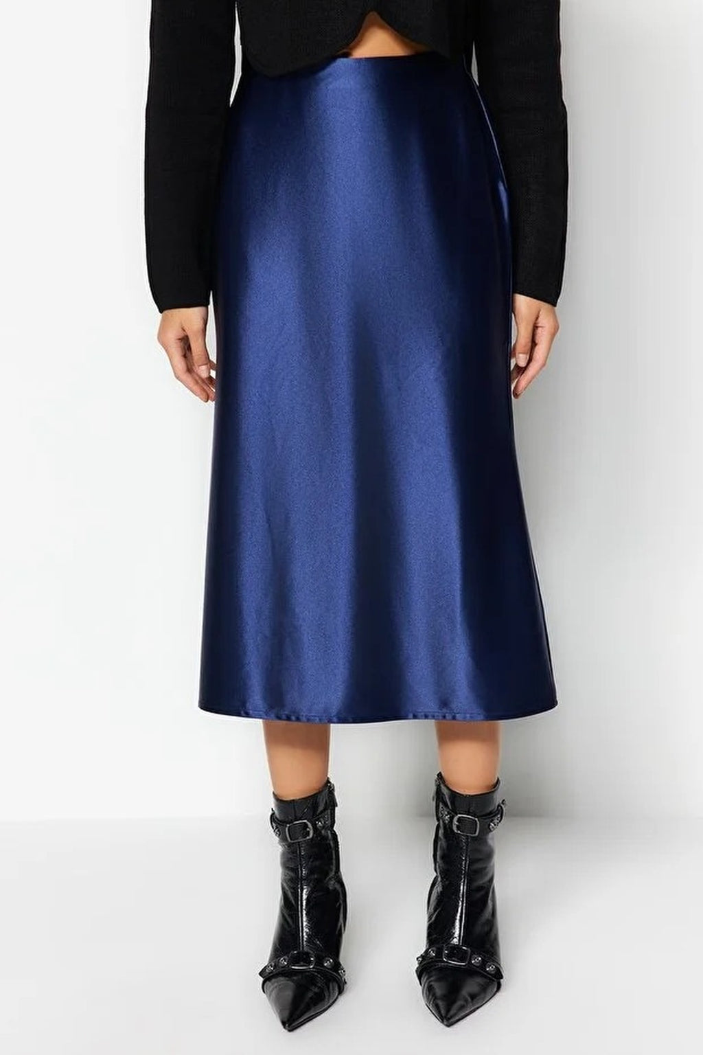 Satin A-Line Midi Knit Skirt