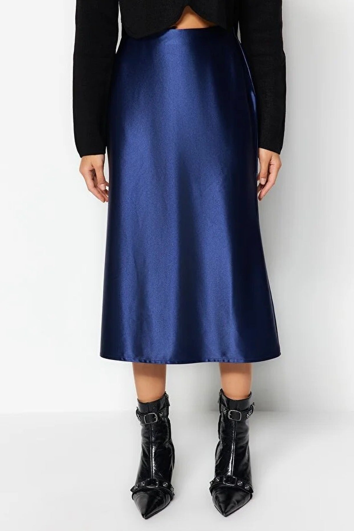 Satin A-Line Midi Knit Skirt