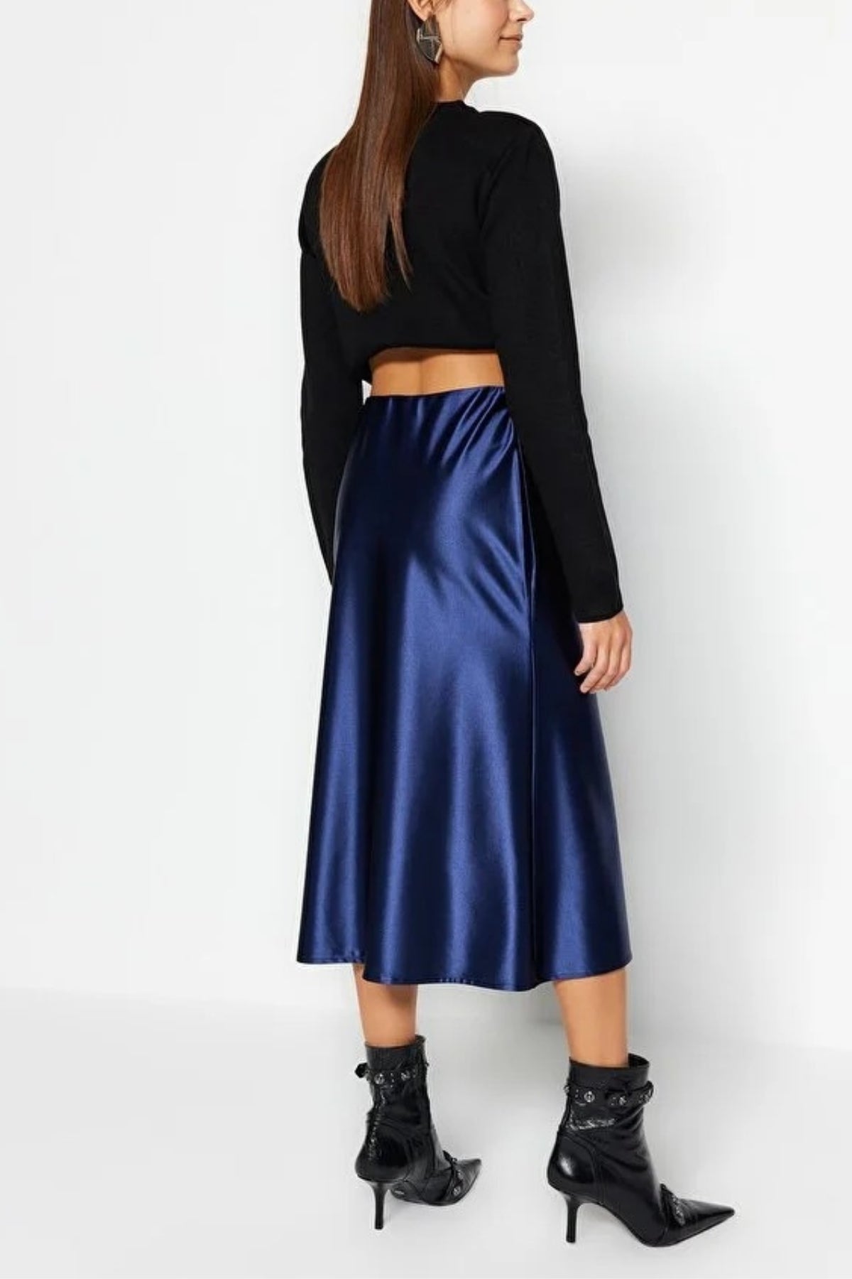 Satin A-Line Midi Knit Skirt