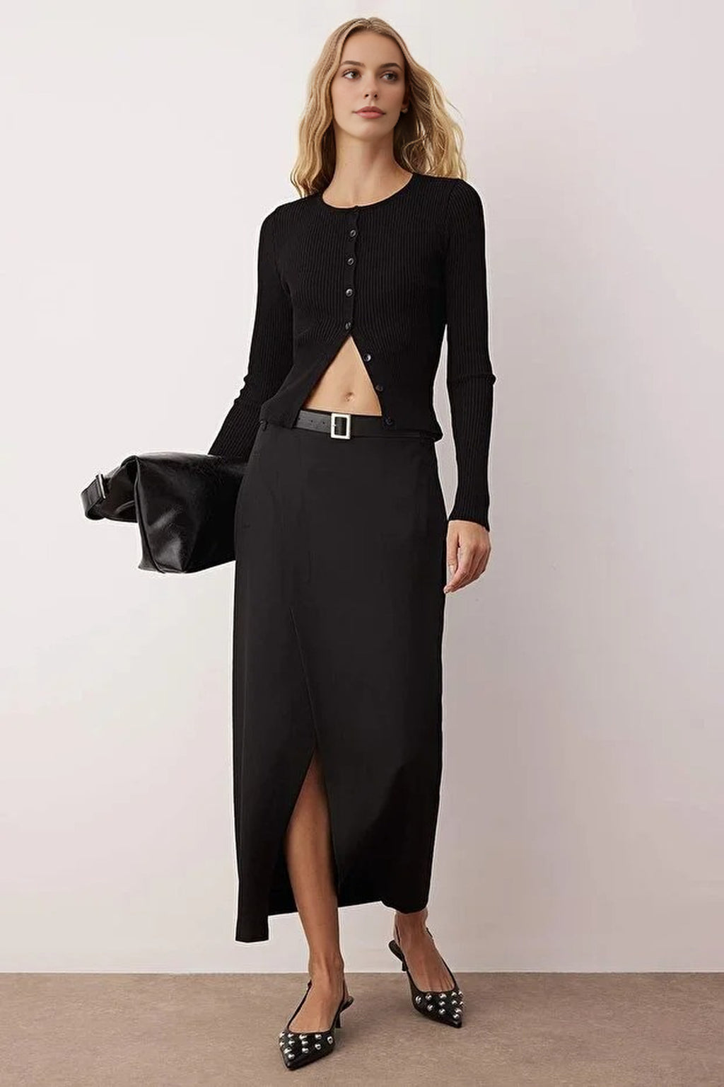 Maxi Woven Skirt with Front Slit Detail