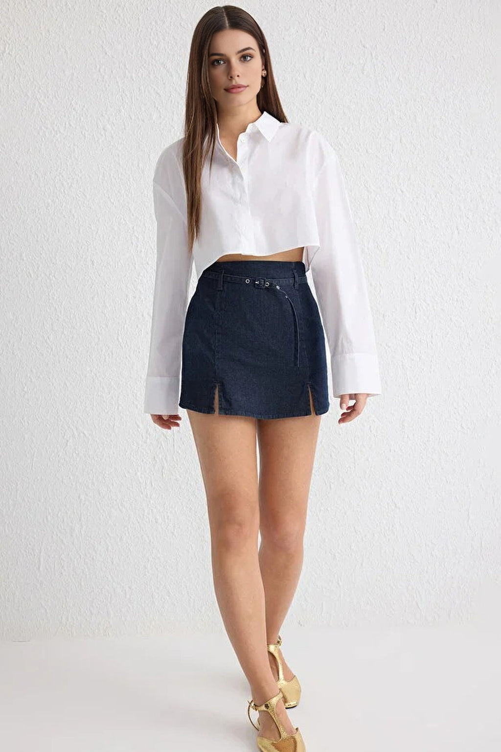 Belted High Waist Denim Shorts Skirt with Slit Detail