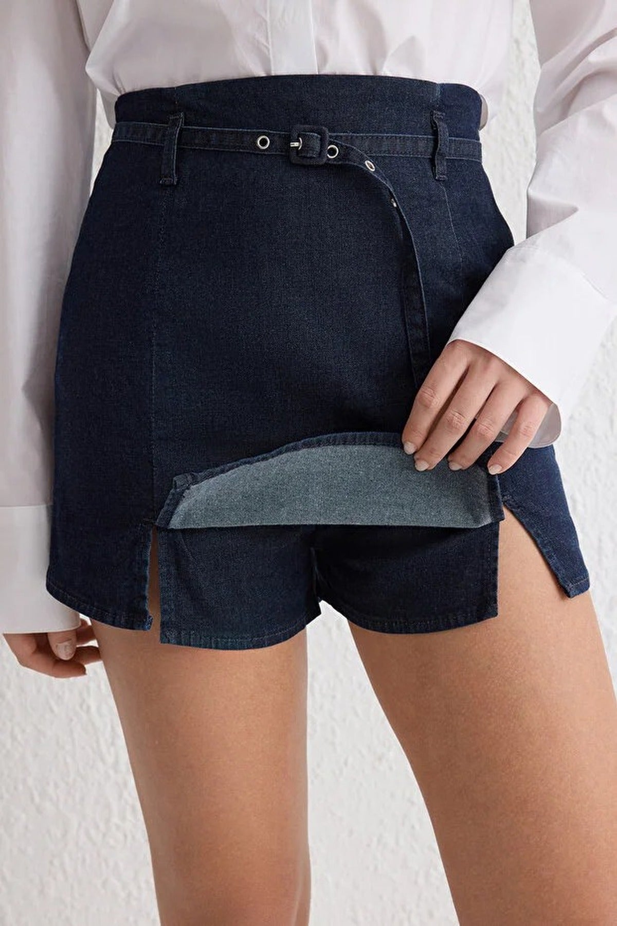 Belted High Waist Denim Shorts Skirt with Slit Detail
