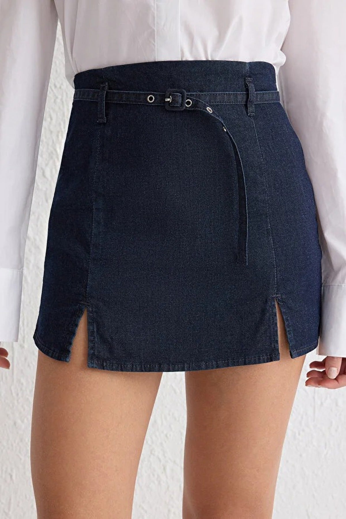 Belted High Waist Denim Shorts Skirt with Slit Detail