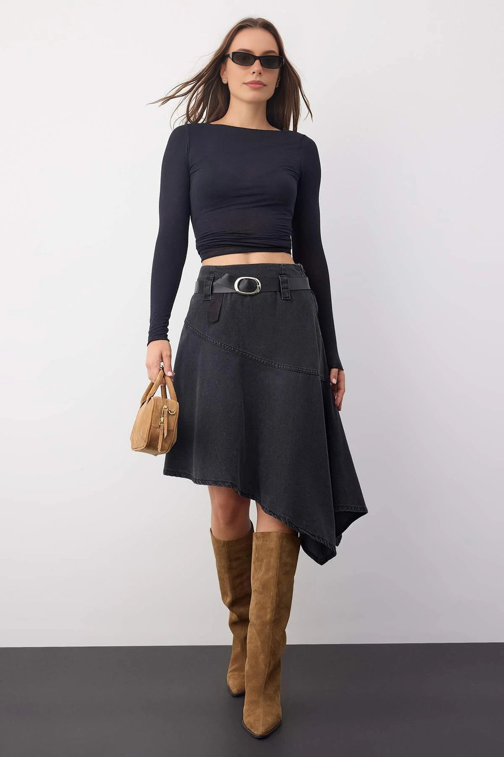 Belted Asymmetrical Midi Denim Skirt