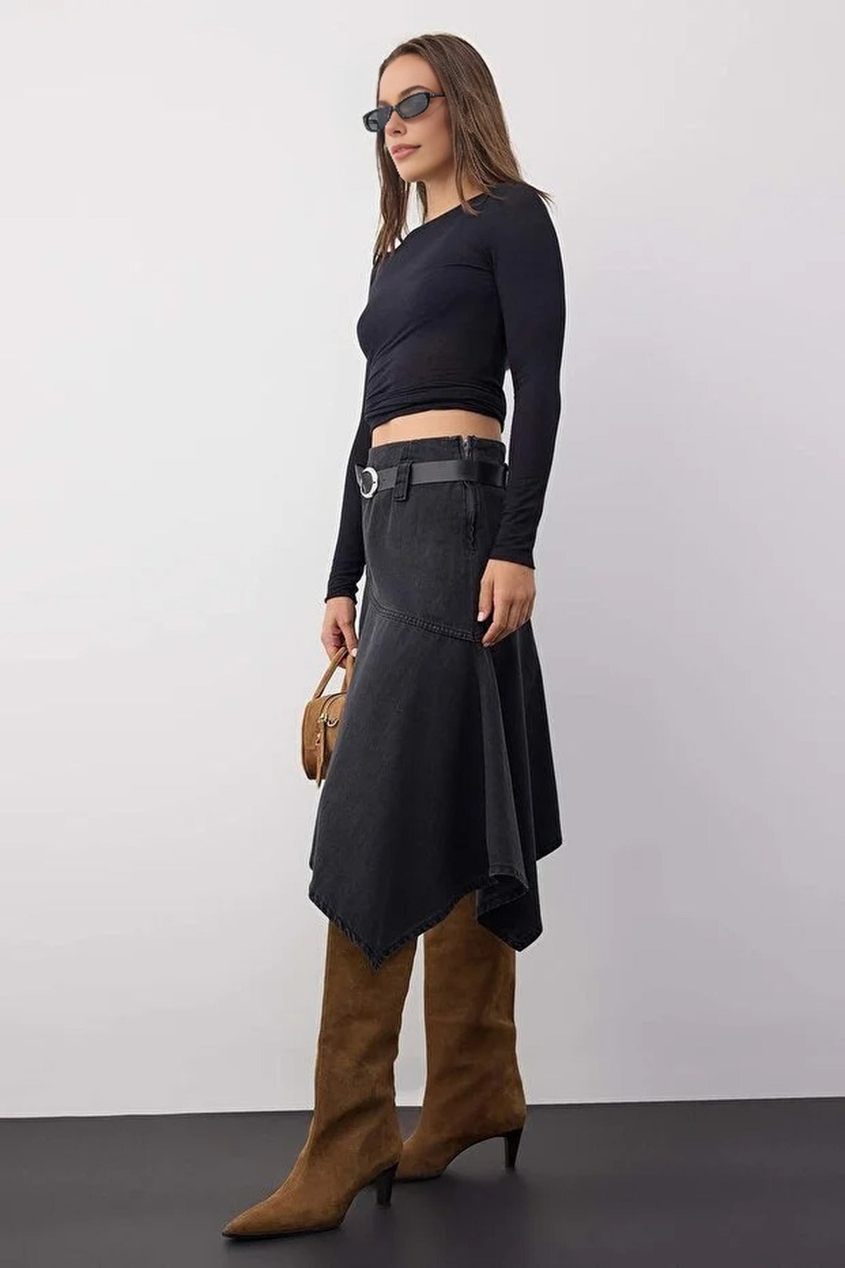 Belted Asymmetrical Midi Denim Skirt