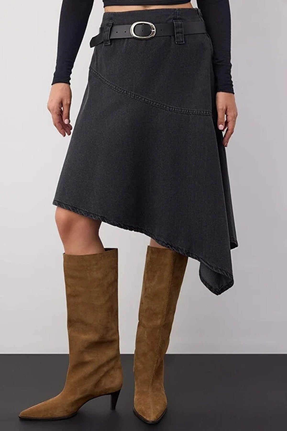 Belted Asymmetrical Midi Denim Skirt