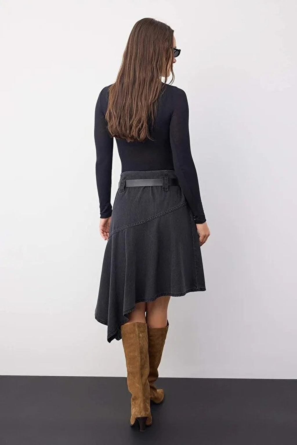 Belted Asymmetrical Midi Denim Skirt