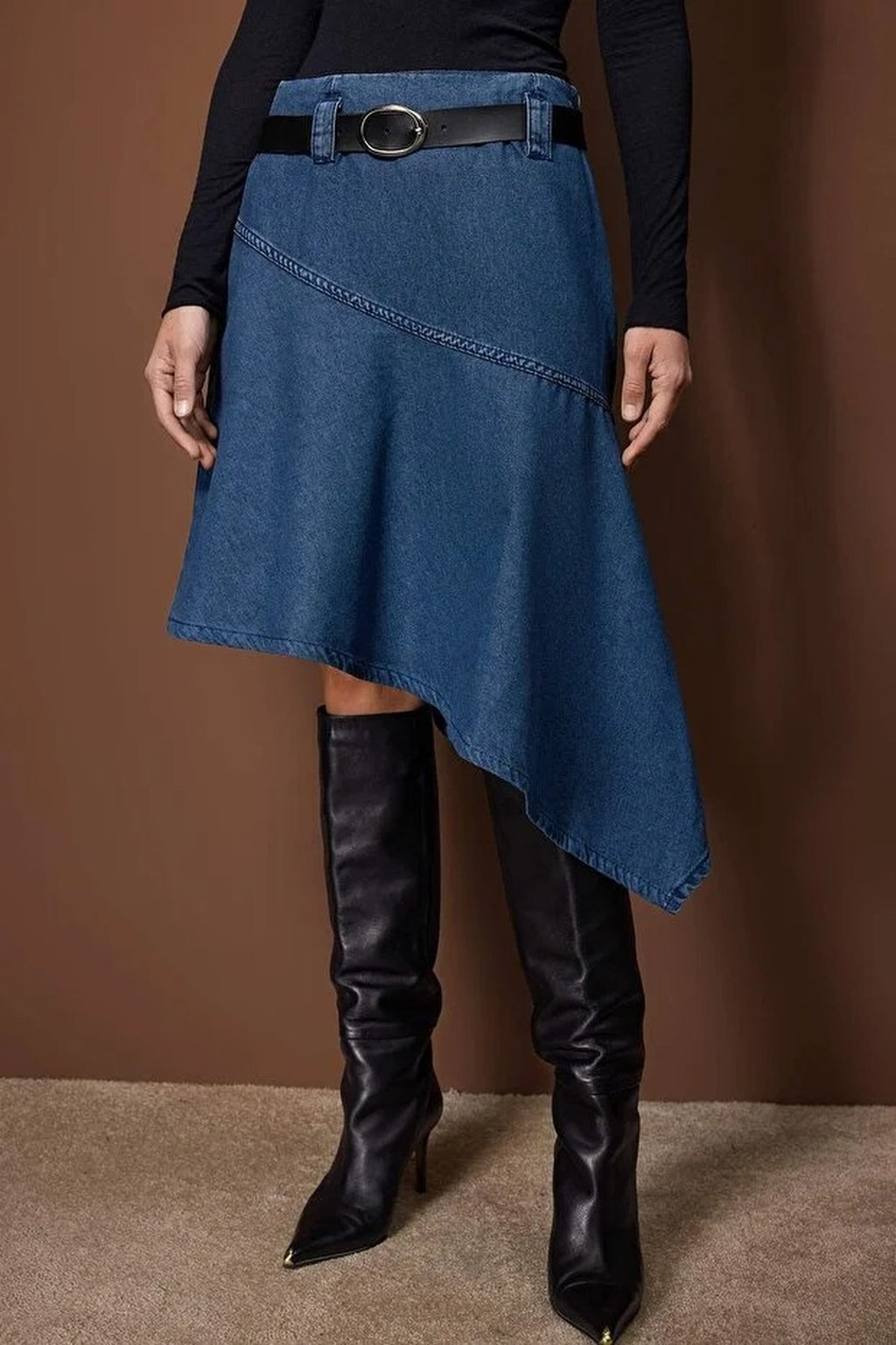 Belted Asymmetrical Midi Denim Skirt