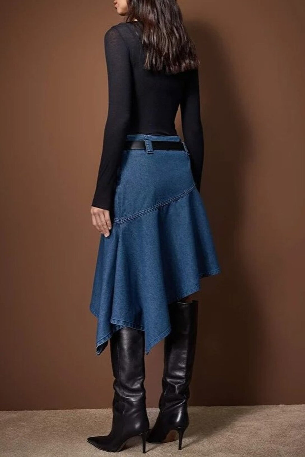 Belted Asymmetrical Midi Denim Skirt