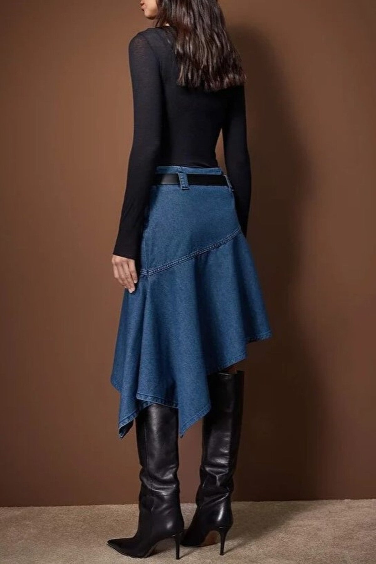 Belted Asymmetrical Midi Denim Skirt