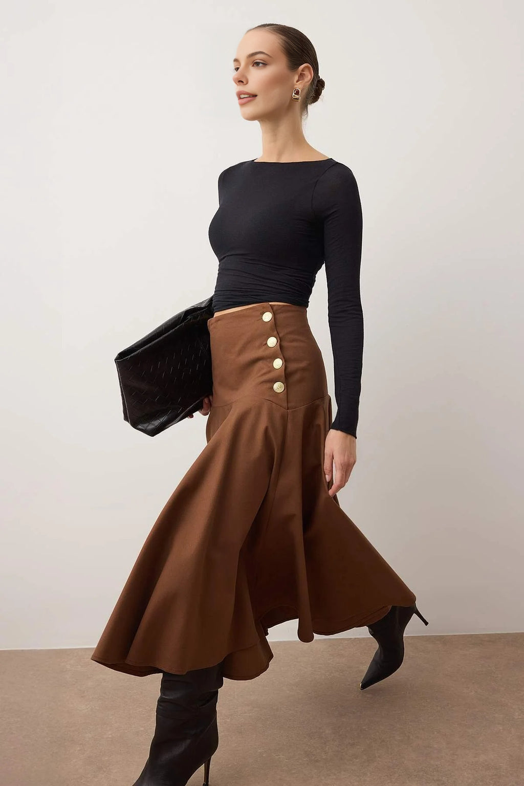 Midi Cotton Flared Skirt with Button Detail