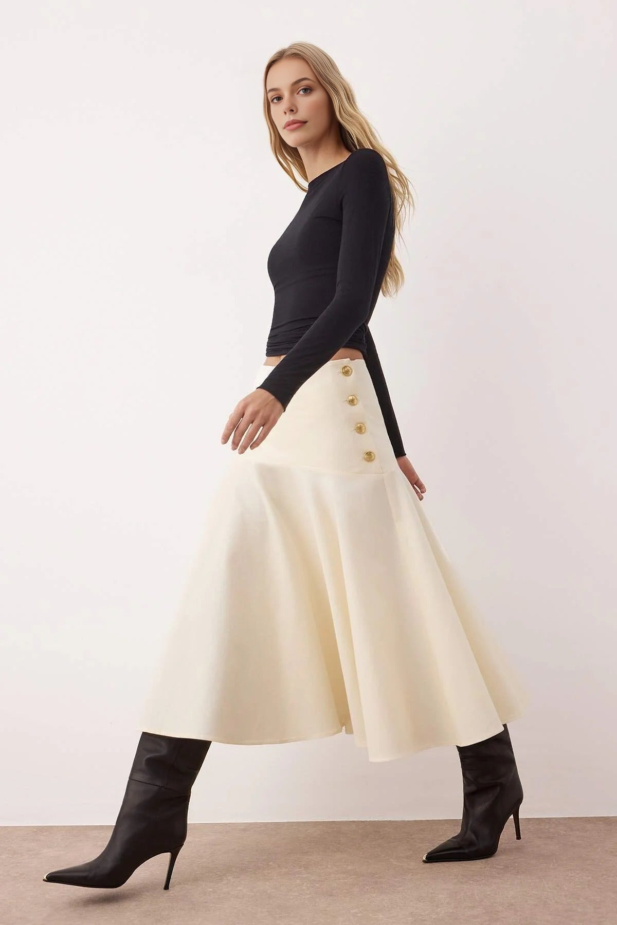 Midi Cotton Flared Skirt with Button Detail