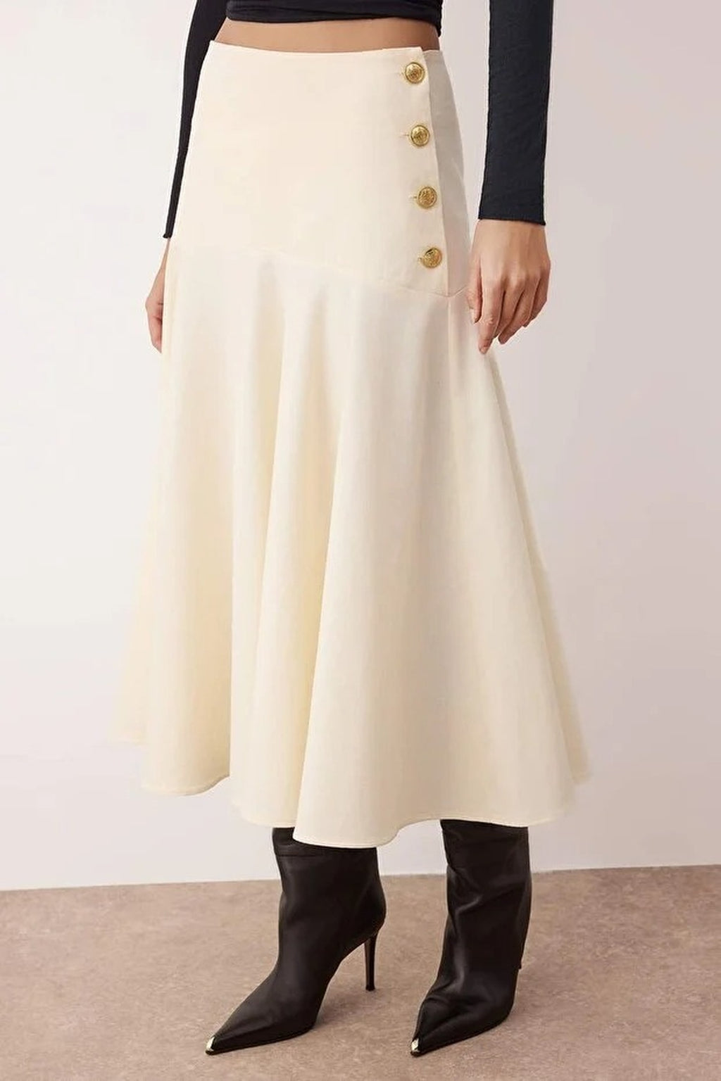 Midi Cotton Flared Skirt with Button Detail