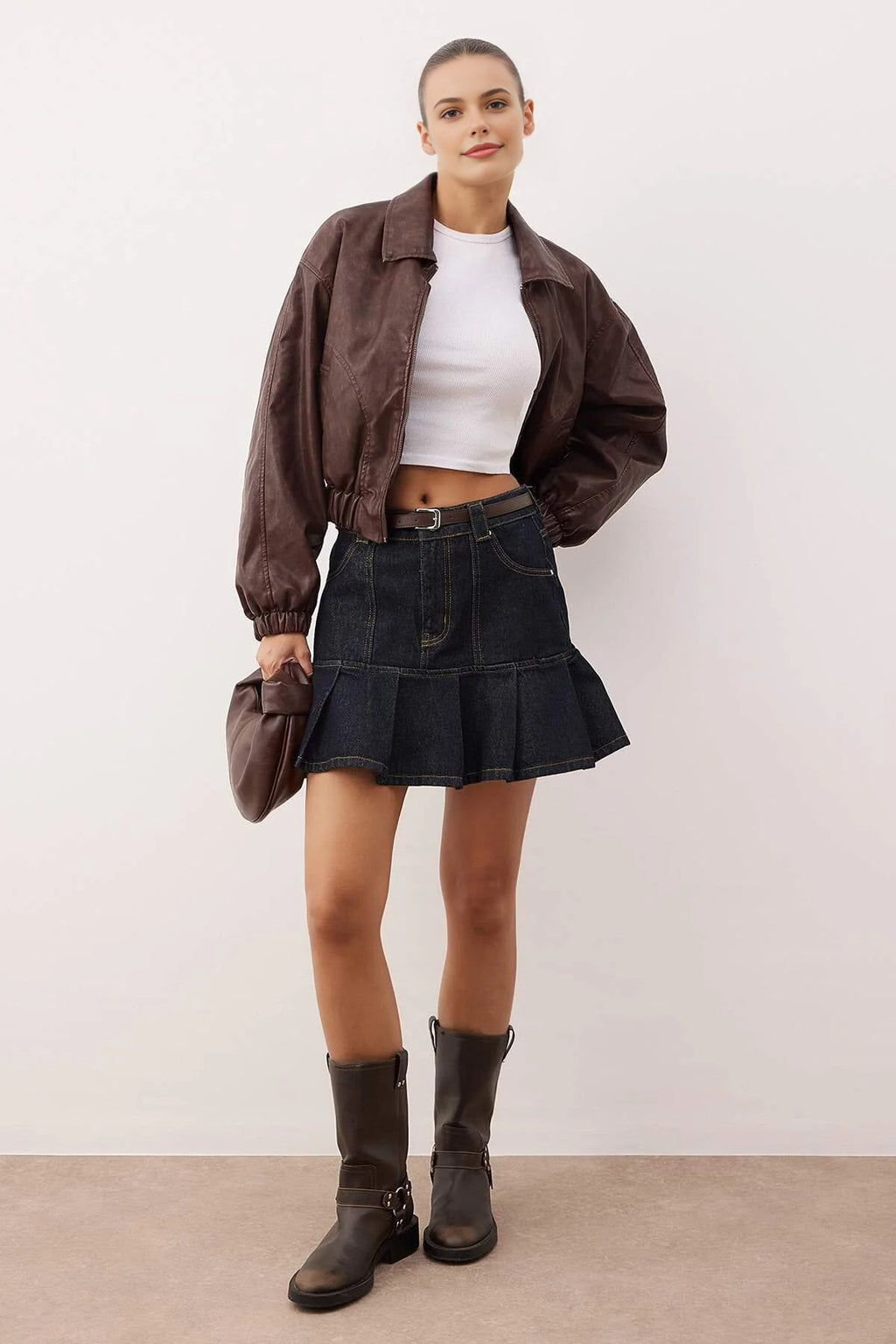 Belted Mini Pleated Denim Skirt