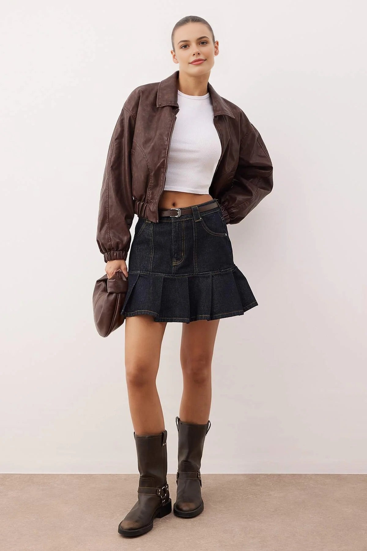Belted Mini Pleated Denim Skirt