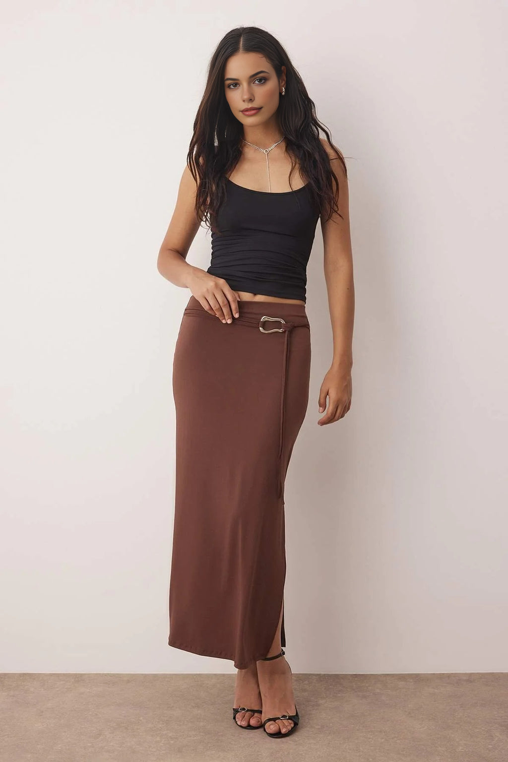 Slit Maxi Knit Skirt with Belt Detail