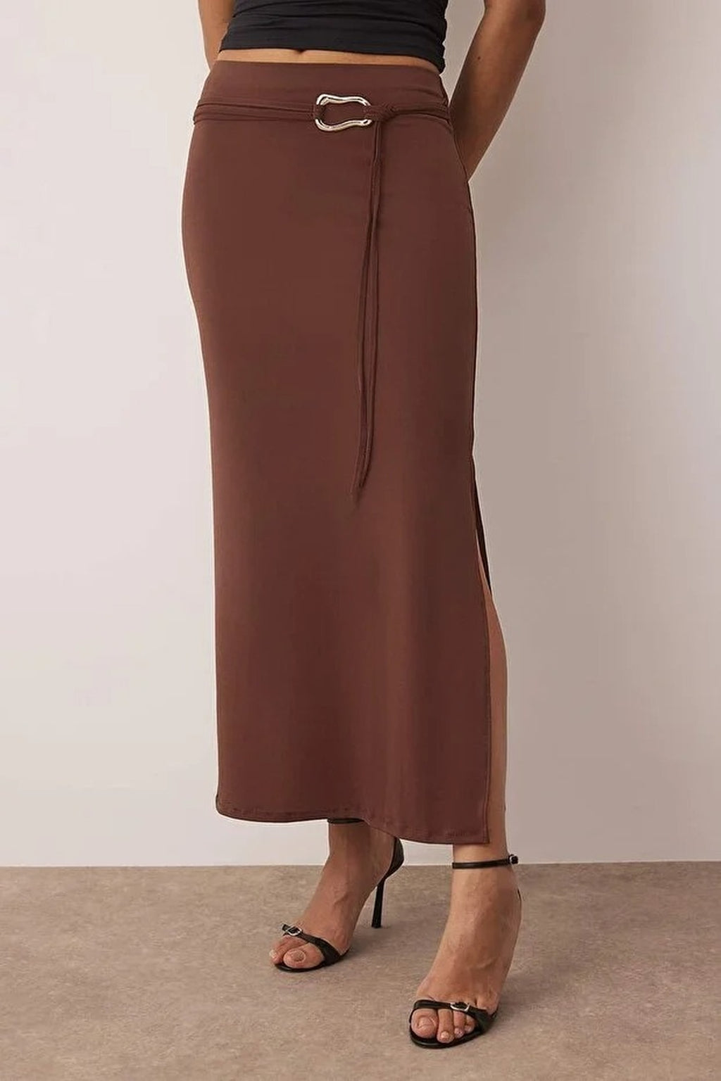 Slit Maxi Knit Skirt with Belt Detail