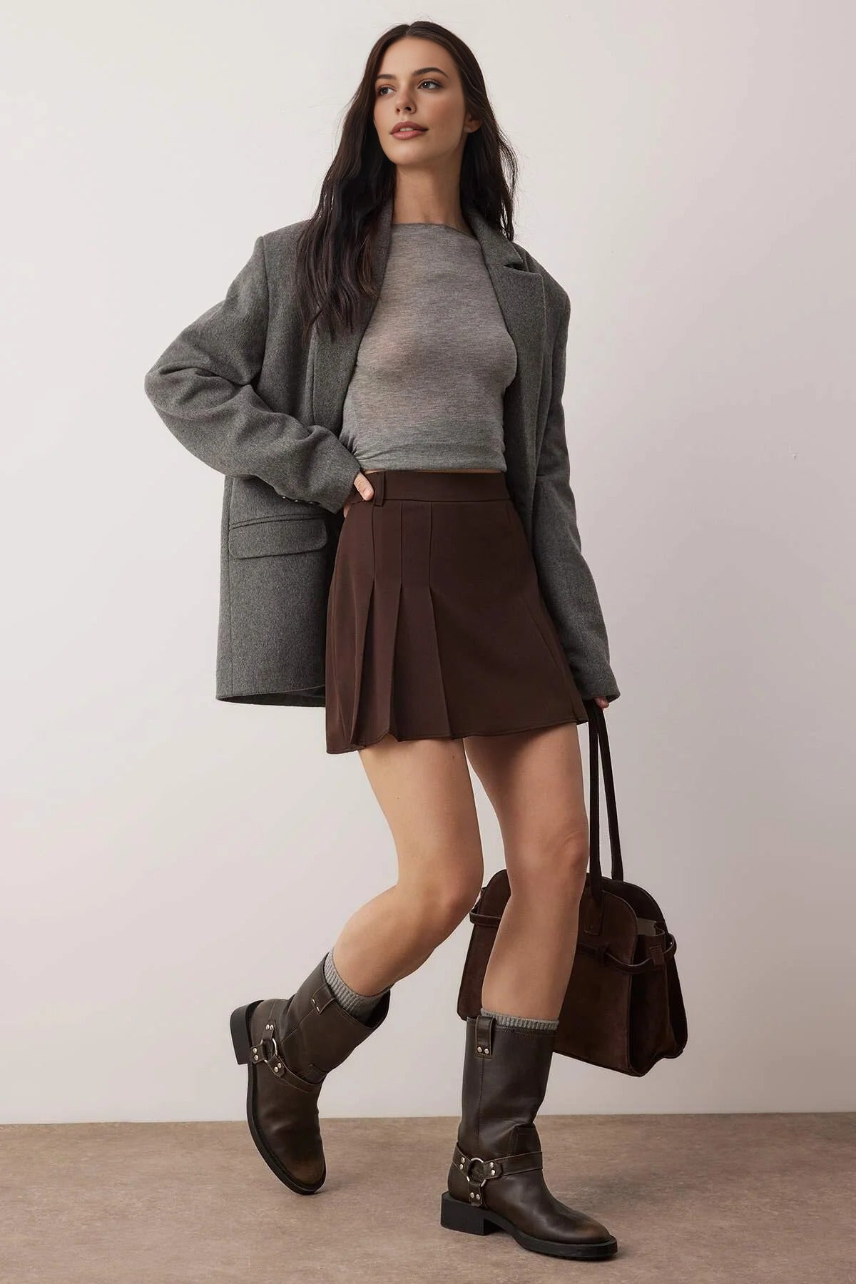 Slit Mini Woven Skirt with Pleat Detail