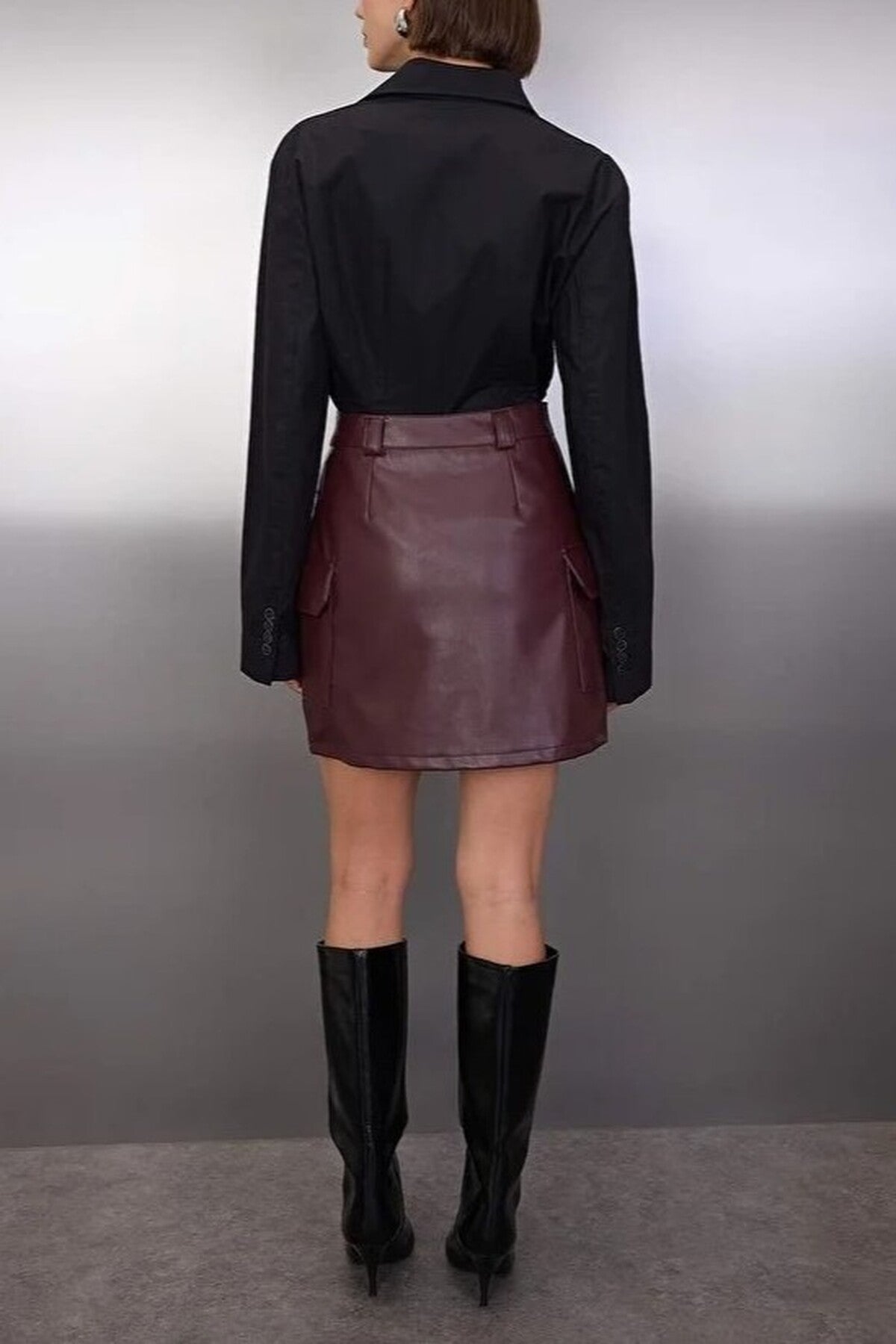Faux Leather Cargo Pocket Pencil Mini Knit Skirt