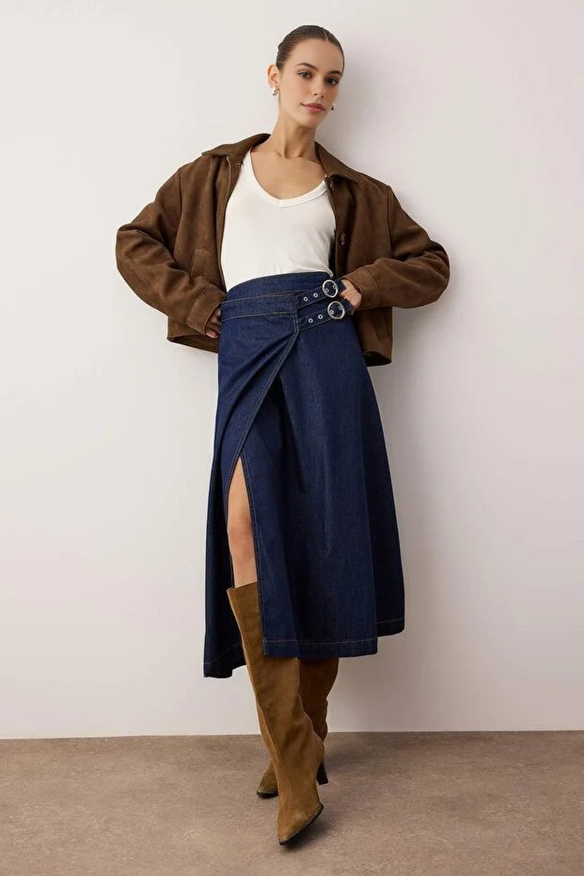 Double-Breasted Midi Denim Skirt with Belt Detail