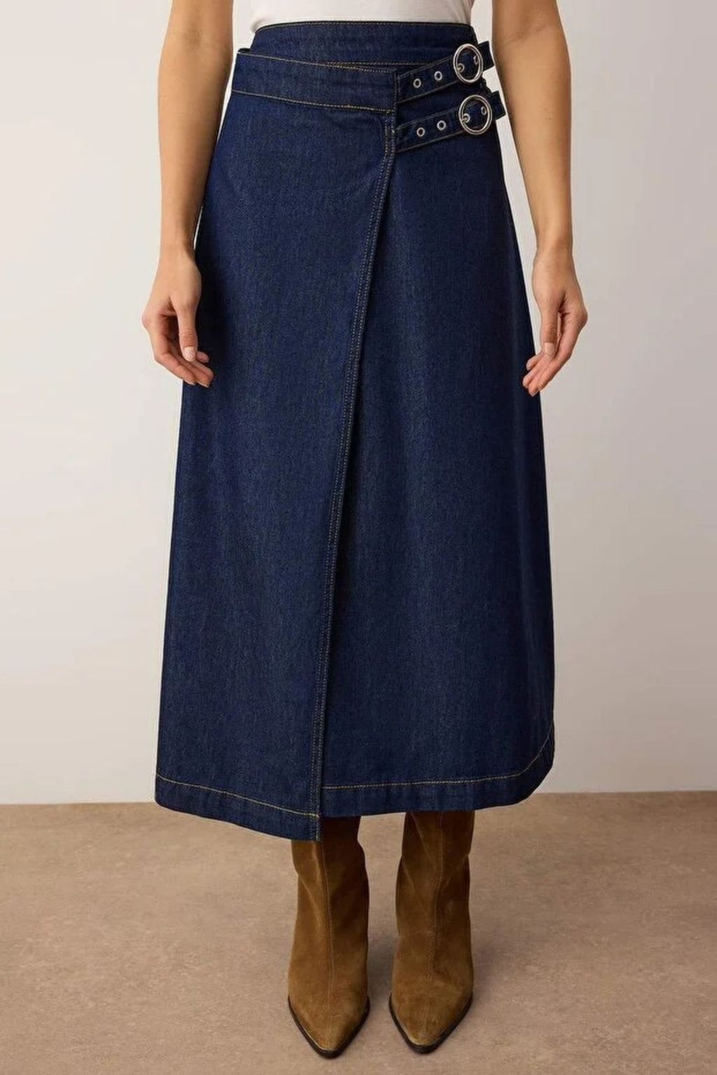 Double-Breasted Midi Denim Skirt with Belt Detail