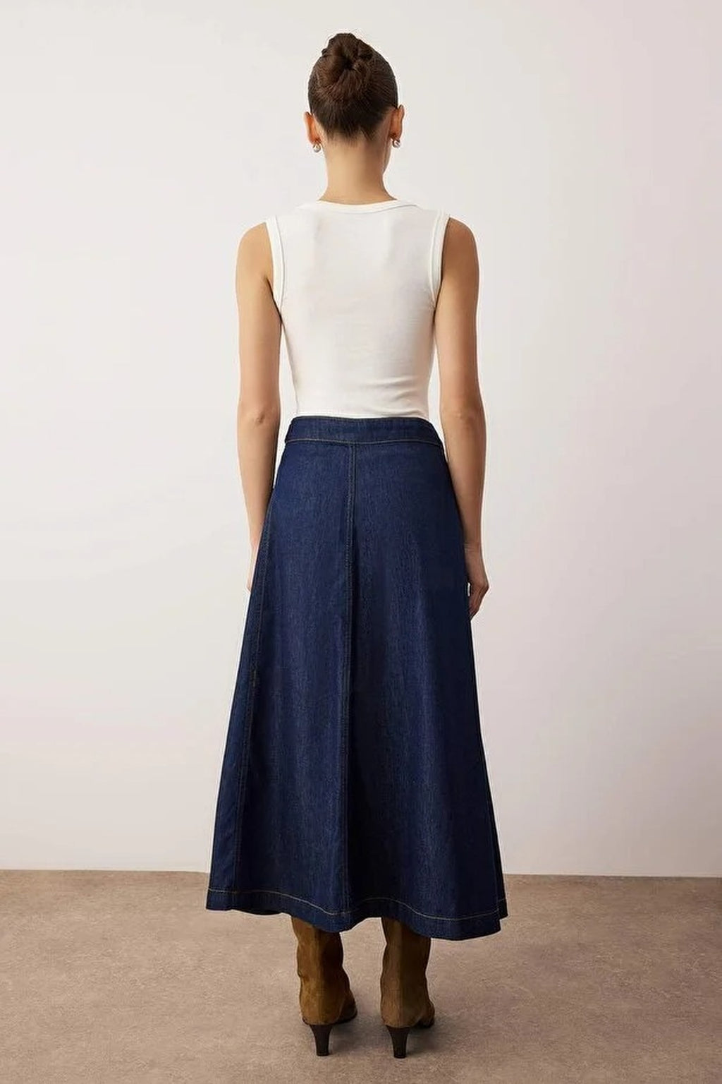 Double-Breasted Midi Denim Skirt with Belt Detail