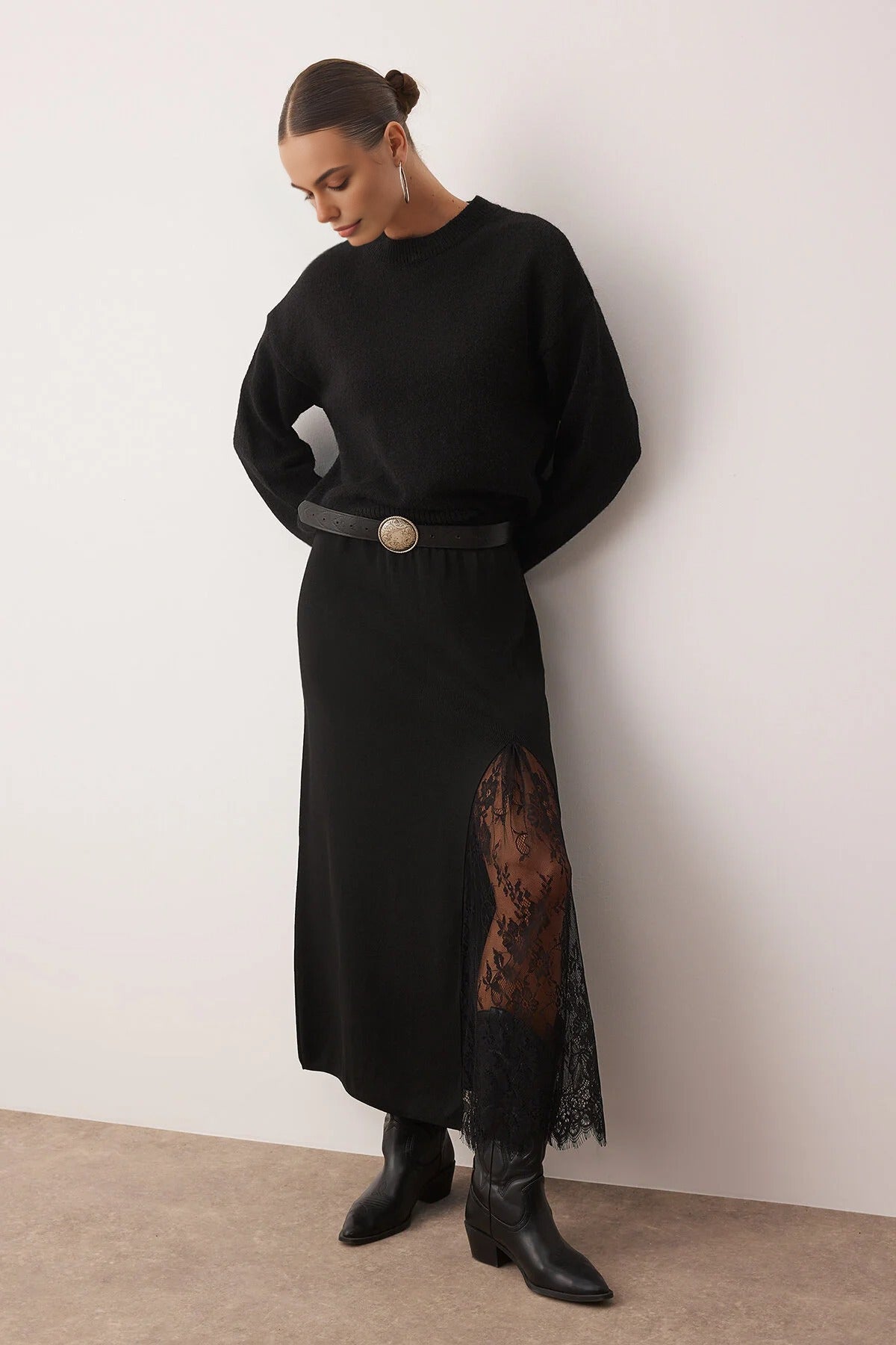 Knit Maxi Skirt with Lace Slit Detail