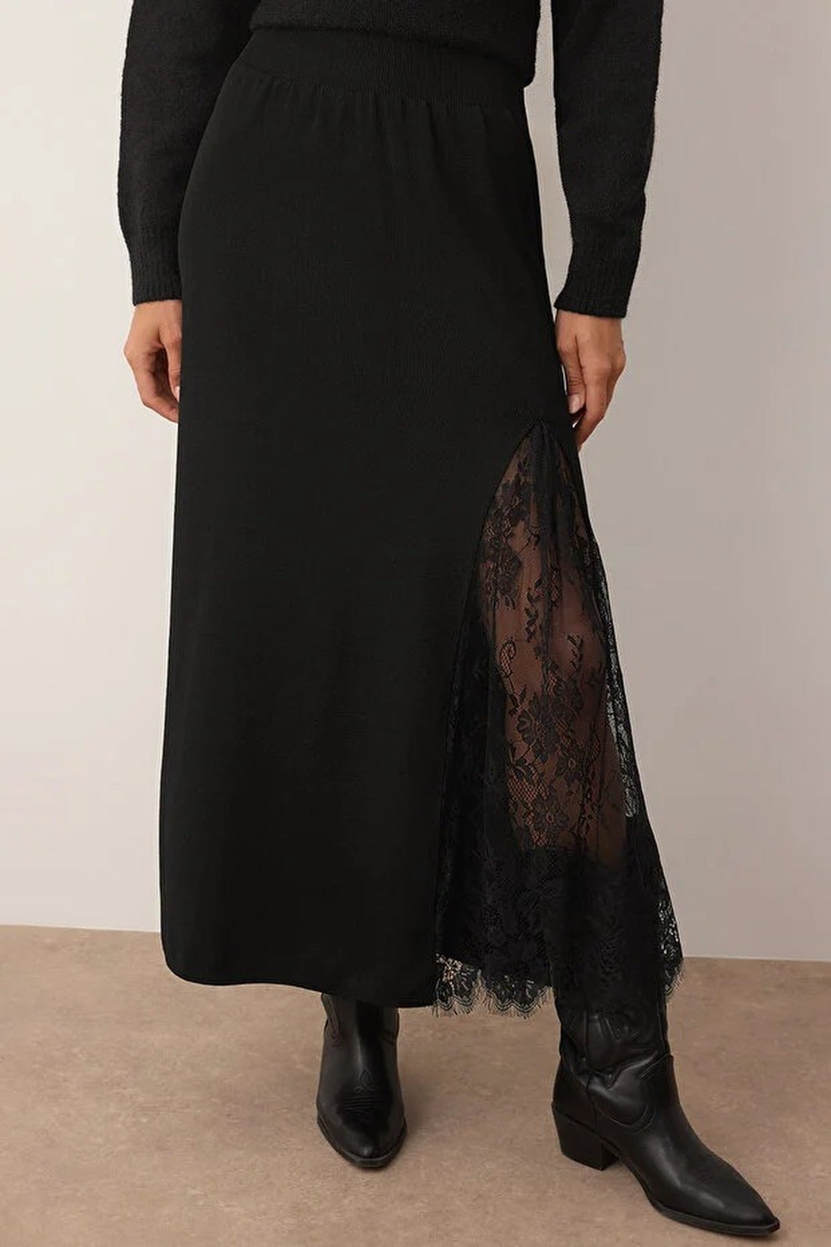 Knit Maxi Skirt with Lace Slit Detail
