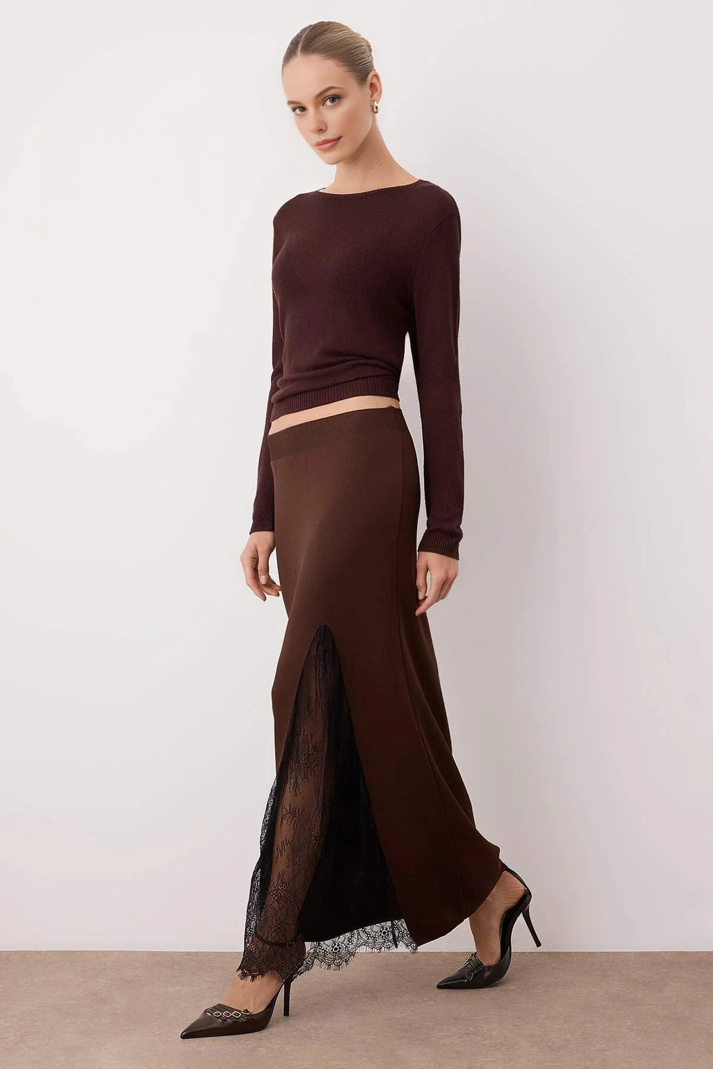 Knit Maxi Skirt with Lace Slit Detail