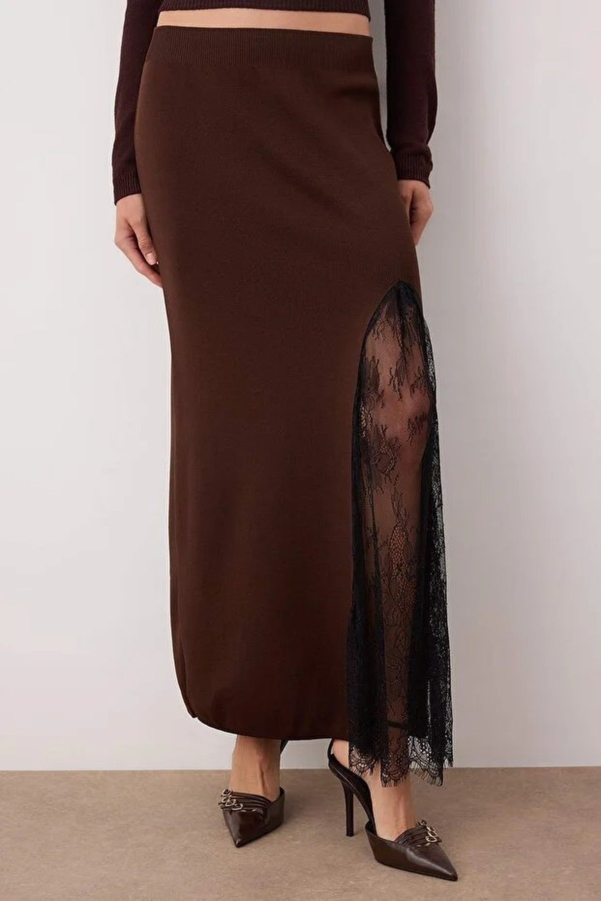 Knit Maxi Skirt with Lace Slit Detail
