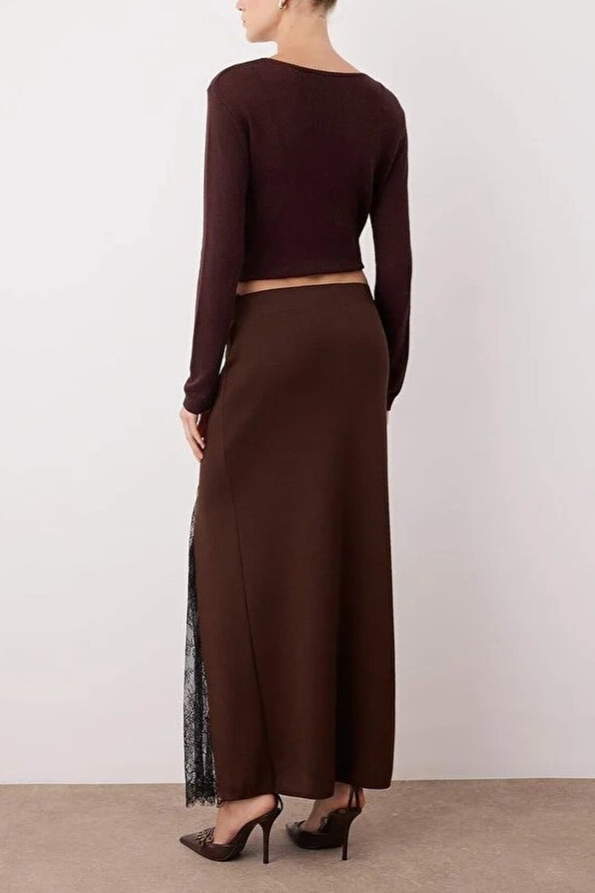 Knit Maxi Skirt with Lace Slit Detail