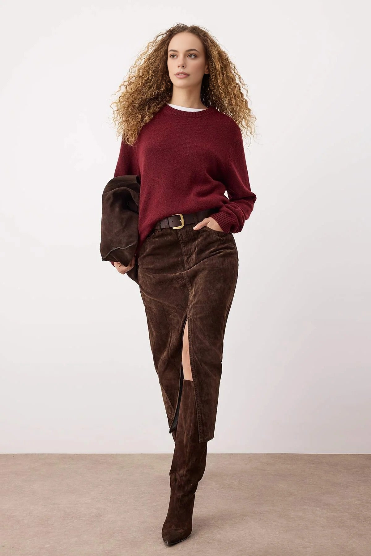 Suede Look Flock Printed Midi Denim Skirt