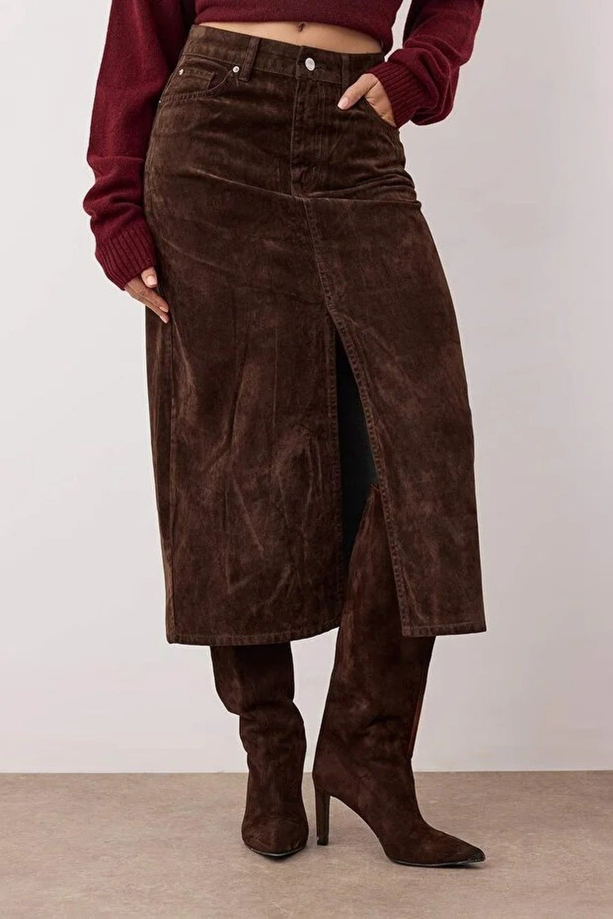 Suede Look Flock Printed Midi Denim Skirt