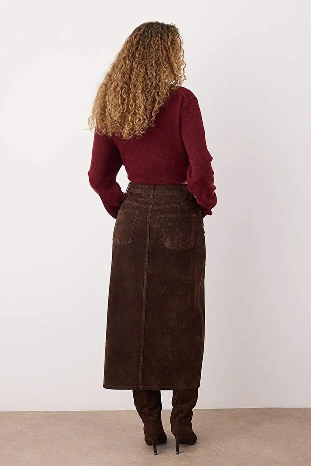 Suede Look Flock Printed Midi Denim Skirt