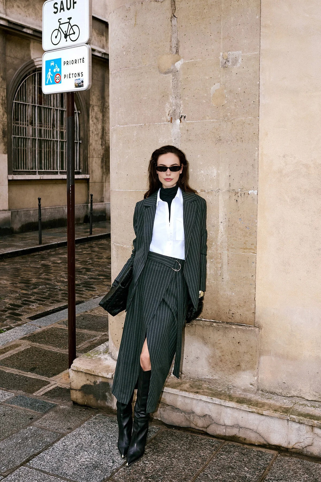 Striped Double-Breasted Woven Midi Skirt