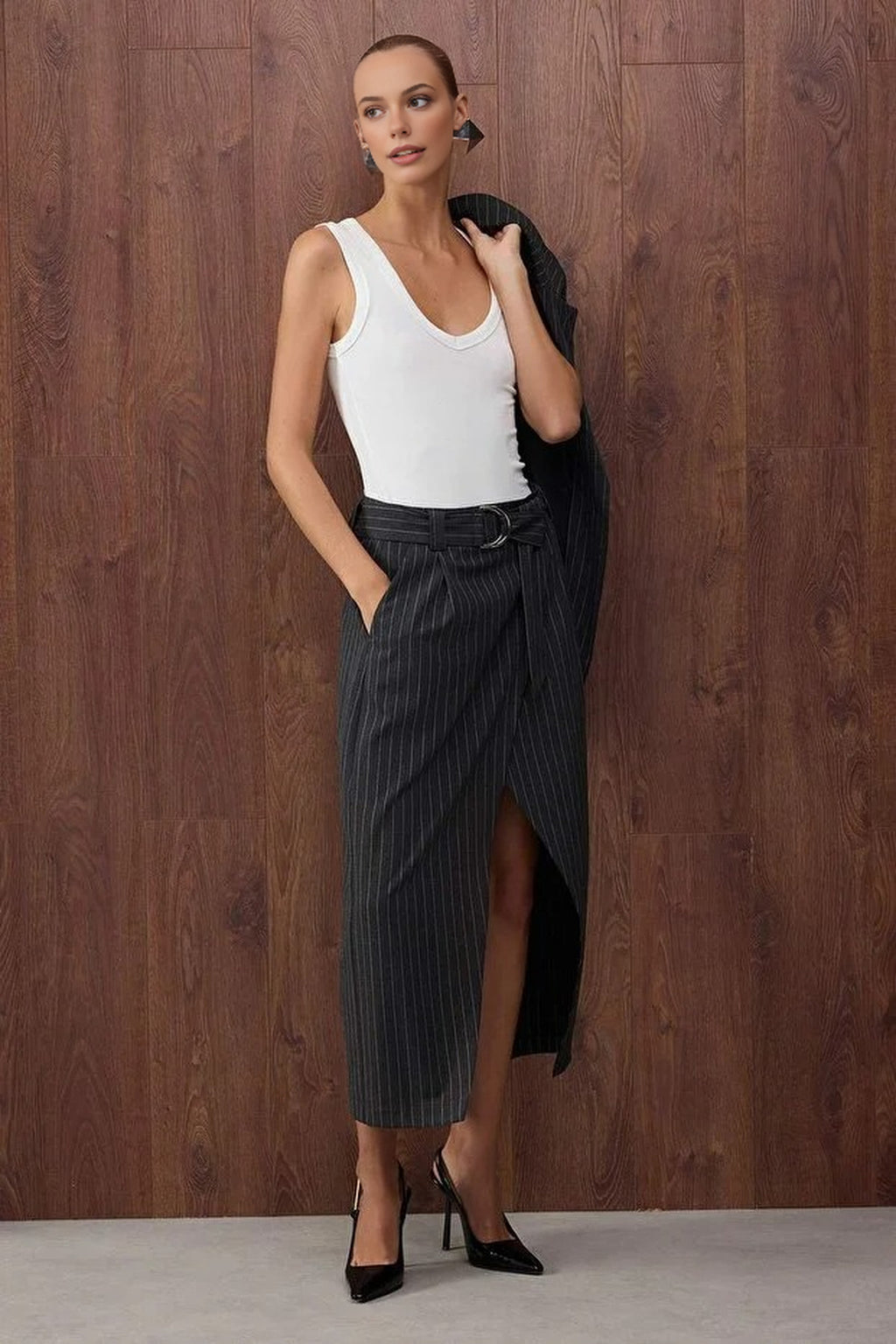 Striped Double-Breasted Woven Midi Skirt