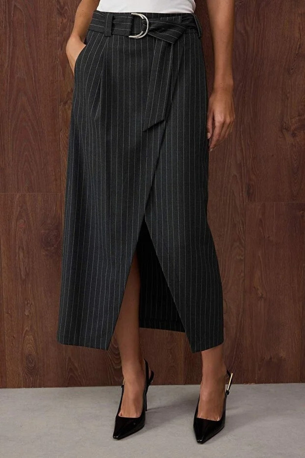 Striped Double-Breasted Woven Midi Skirt
