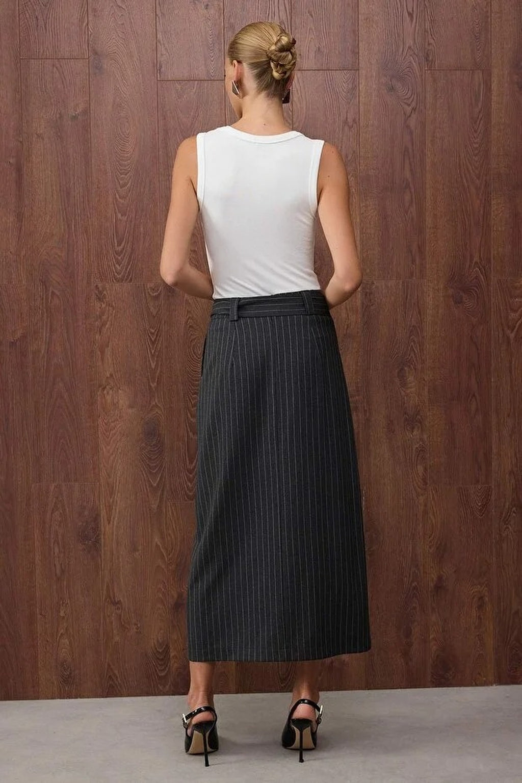 Striped Double-Breasted Woven Midi Skirt