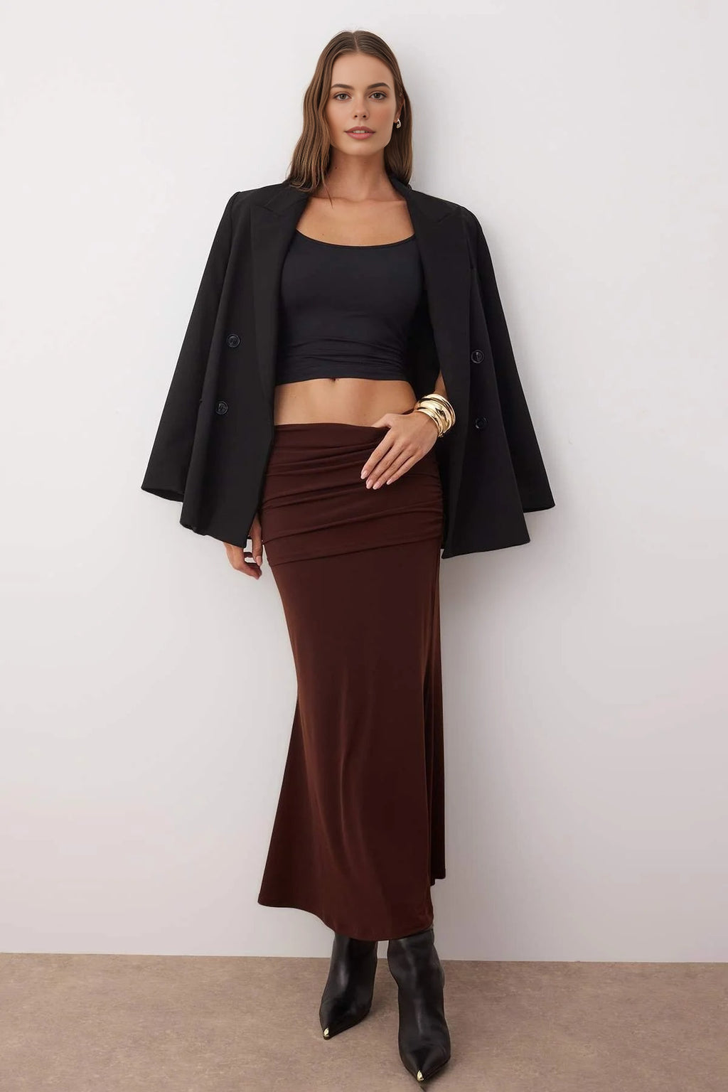 Maxi Stretch Knit Skirt with Gathered Detail
